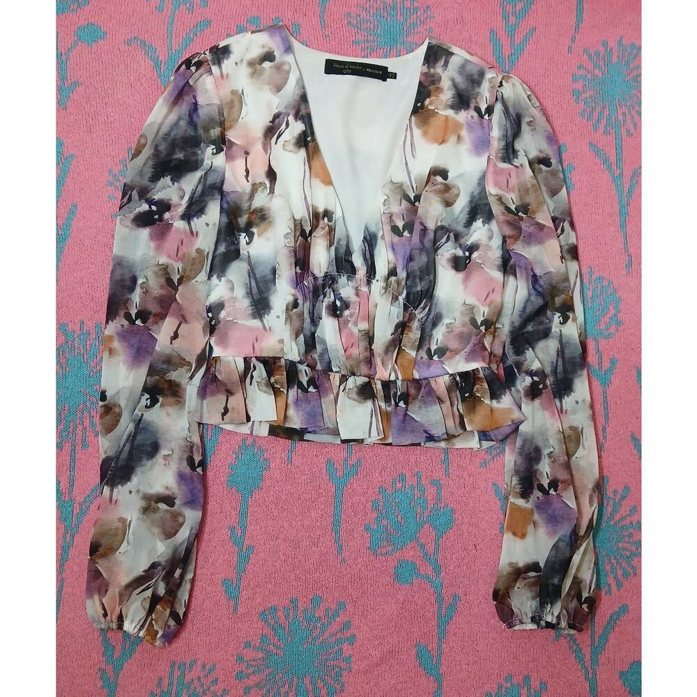 House Of Harlow revolve womens small cropped top peasant floral boho purple tan